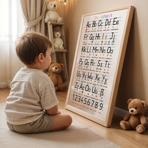 May include: A child sits on a rug, looking at a framed alphabet chart. The chart, with a wooden frame, displays the alphabet in uppercase and lowercase letters, along with numbers. Teddy bears are in the background.