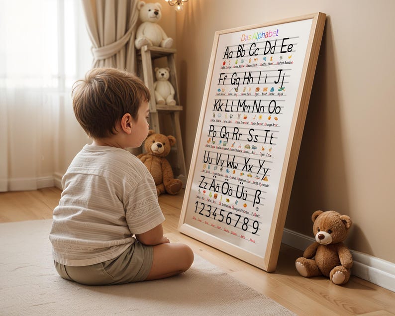 May include: A child sits on a rug, looking at a framed alphabet chart. The chart, with a wooden frame, displays the alphabet in uppercase and lowercase letters, along with numbers. Teddy bears are in the background.