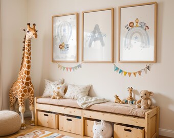 3er Posterset Personalisierbar, Kinderzimmer, Kinderposter Tiere, Frühling Sommer Bilderset, Kinderzimmerbilder Babyzimmer Tierposter