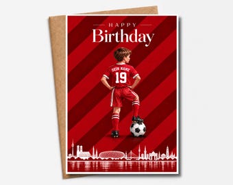 Personalized football birthday card for boys | Happy Birthday with name & desired number | Football card in red, Munich