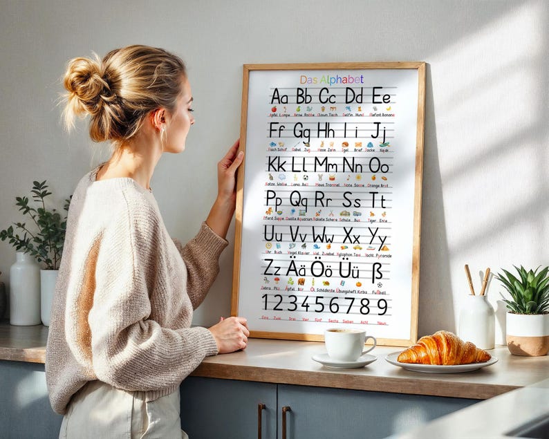 May include: A framed alphabet chart with the German title "Das Alphabet" is held by a person. The chart displays uppercase and lowercase letters, along with corresponding illustrations. A cup of coffee and a croissant sit on a counter.
