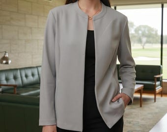 Vintage Neutrale kragenlose graue offene Blazer Größe 18P