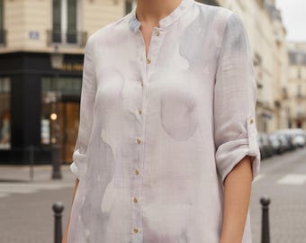 Túnica vintage de April Cornell para mujer, 100% lino, estampado floral, talla mediana.