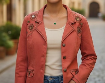 Giacca in cotone stile boho western color corallo anni 2000 con decorazioni elaborate, taglia L