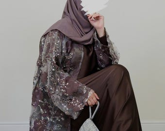 Exclusive Mocha Brown Abaya Set – 3-Piece Luxury Organza Floral Abaya, Hijab & Slip