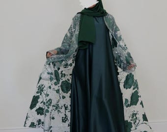 Exclusive Evergreen Abaya Set – 3-Piece Luxury Organza Floral Abaya, Hijab & Slip
