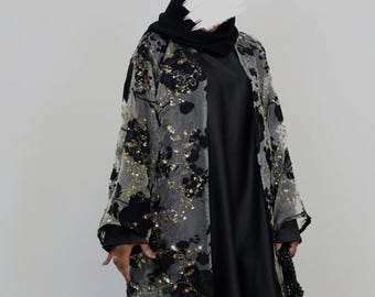 Exclusive Black Floral Sequin Abaya Set – Luxury 3-Piece Eid Outfit