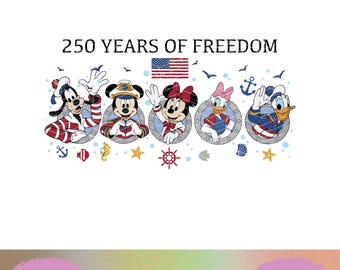Disney Cruise 250e verjaardag PNG Mickey and Friends sublimatie 250 jaar vrijheid nautisch patriottisch shirtontwerpbestand