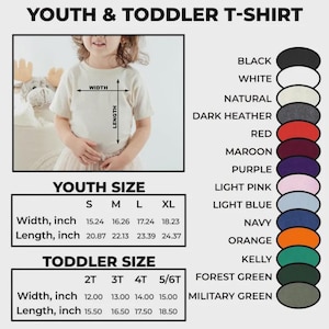 May include: A youth and toddler t-shirt size chart featuring a plain cream-colored t-shirt, a list of available colors including black, white, red, and blue, and two tables displaying width and length measurements in inches for youth and toddler sizes.