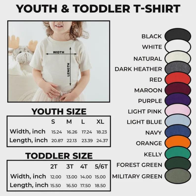 May include: A youth and toddler t-shirt size chart featuring a plain cream-colored t-shirt, a list of available colors including black, white, red, and blue, and two tables displaying width and length measurements in inches for youth and toddler sizes.