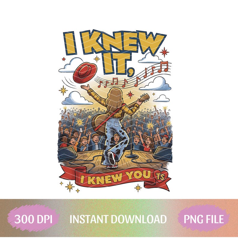 Op de afbeelding: Een grafische illustratie van een artiest op het podium met een gitaar, in een geel geruit overhemd en een broek met koeienprint, die een rode hoed gooit. De tekst luidt I KNEW IT, en I KNEW YOU TS op een rood lint, omringd door een juichende menigte.