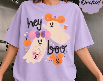 Comfort Colors Mickey and Minnie Ghost Halloween T-shirt, Hey Boo Spooky Season Tee, Not So Scary Halloween Party Shirt, Disney Ghost Gift