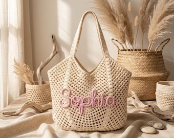 Personalized Crochet Beach Tote Bag | Cotton Yarn, Lightweight, Boho Travel Bag