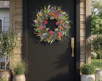 Spring Flower Garland Wreath, Floral Front Door Decor, Festival Home Decoration, Outdoor Wreath, Seasonal Wall Hanging