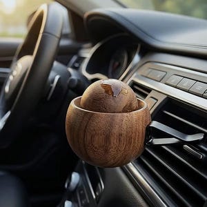 May include: A round wooden car air freshener clip featuring a bowl-shaped base and a spherical top piece with a visible wood grain pattern. The dark brown wooden accessory is attached to a black plastic vent clip mounted on a vehicle dashboard.