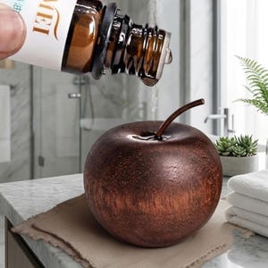 May include: A dark bronze-colored apple-shaped diffuser with a textured surface and a thin stem. A small amber glass bottle with a white label is positioned above the apple, dispensing a single clear drop of liquid into the center of the fruit.