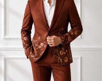 Traje de hombre bordado en color óxido, esmoquin de boda bohemio terracota, traje de dos piezas de corte ajustado a medida.