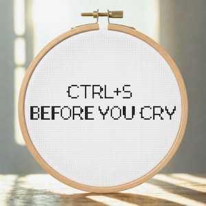 May include: A cross-stitch hoop with the text "CTRL+S BEFORE YOU CRY" in black letters on a white background. The hoop is made of wood and has a brass screw at the top.