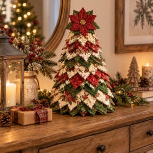 Könnte beinhalten: Ein dekorativer Weihnachtsbaum aus Stoff, der aus geschichteten, gesteppten dreieckigen Stoffstücken in Rot-, Grün- und Cremetönen besteht. Der Baum hat eine rote Weihnachtsstern-Spitze mit goldener Mitte und ein florales Muster.