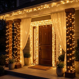 May include: A front porch decorated with warm white string lights wrapped around two wooden columns and draped around the door frame. The entrance features a dark wood door, sheer white curtains, and potted green plants on the stone floor.