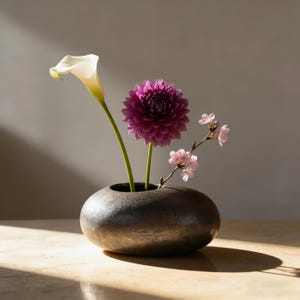 Może przedstawiać: Ciemny, zaokrąglony ceramiczny wazon zawiera białą kalę, ciemnofioletową dalię i gałązkę różowych kwiatów. Wazon stoi na jasnej powierzchni, ze światłocieniami.