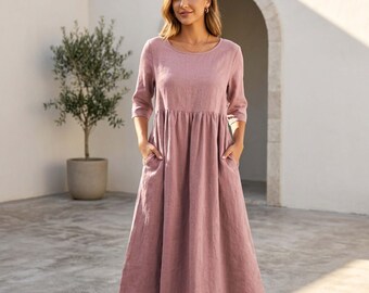 Midiklänning för kvinnor, avslappnad passform, andningsbar med fickor | Casual lös passform, sommarklänning | Boho Beach | Böljande midiklänning, shiftklänning