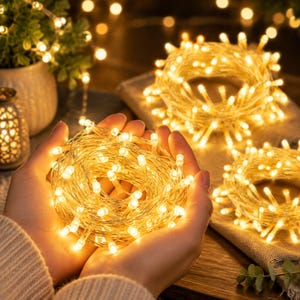Könnte beinhalten: Ein aufgewickelter Strang aus warmweißen LED-Lichterketten mit klaren Birnen an einem dünnen Draht. Die Lichter strahlen ein sanftes Leuchten aus, wobei weitere Knäuel derselben beleuchteten Lichterkette auf einer strukturierten Stoffoberfläche liegen.