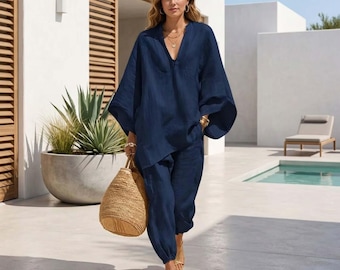 Ensemble de détente en lin pour femme | Ensemble deux pièces caftan surdimensionné | Tenue de vacances bohème