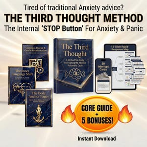 May include: An advertisement for "The Third Thought Method" for anxiety and panic. The image features a book, digital cards, and a tablet with a 15-slide map. Additional materials include guides titled "Common Blocks", "The Inner Language Shift", and "The Body Anchor Pages".