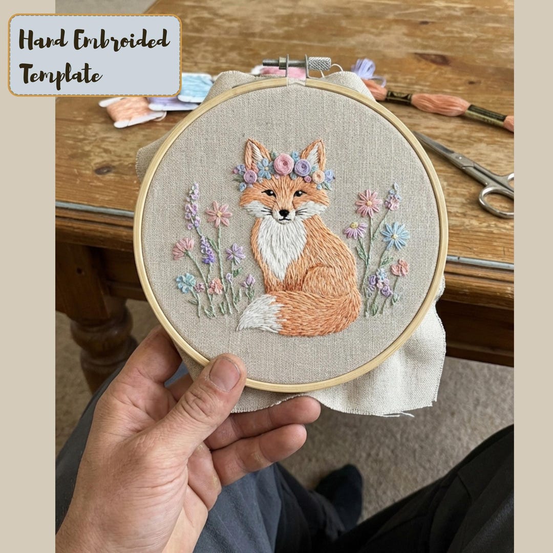 Floral Fox Embroidery Pattern, Woodland Botanical Animal Design (PDF ...