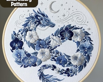 May include: Hand embroidery pattern featuring a blue dragon design with floral accents, a crescent moon, and stars. The text "Hand Embroidery Pattern" is in a brown box in the upper left corner. The design is on white fabric, stretched in a wooden hoop.
