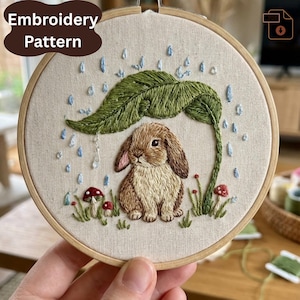 Può includere: Un telaio da ricamo con un design dettagliato di un coniglio marrone che si ripara sotto una foglia verde dalla pioggia. Gocce di pioggia blu e accenti di funghi rossi completano la scena. Il testo "Embroidery Pattern" è visualizzato in alto a sinistra.