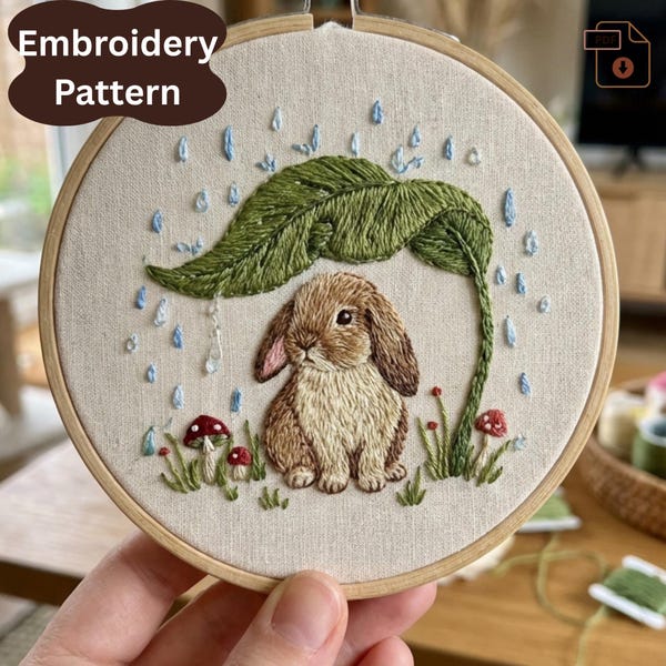 Rabbit Embroidery Pattern, Botanical Woodland Design (PDF Pattern A4 Sized for 3-8 inch Hoops)