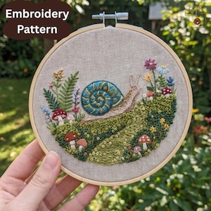 Può includere: Un modello di ricamo con una lumaca con un guscio turchese, circondata da fiori e funghi colorati. Il disegno è ricamato su un tessuto beige teso in un telaio di legno. Il testo "Embroidery Pattern" è visibile.