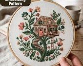 Hand Embroidery Pattern, Floral Treehouse Design (Digital Download)