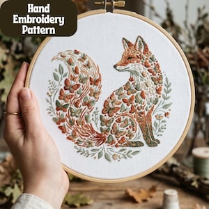 Fox Butterfly Embroidery Pattern, Nature Floral Hoop Art (Digital Download)