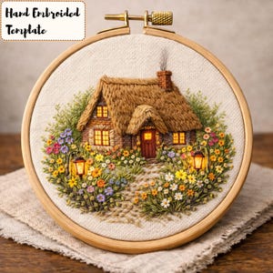 May include: Hand-embroidered cottage scene in a wooden embroidery hoop. The cottage has a thatched roof, brick chimney, and a stone path leading to the door. Colorful flowers and lanterns surround the cottage. The text "Hand Embroidered Template" is in the upper left corner.