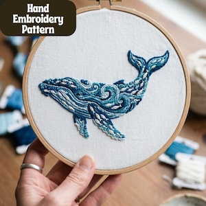 Broderimönster med valar, havsvågsdesign, handritad PDF (digital nedladdning)