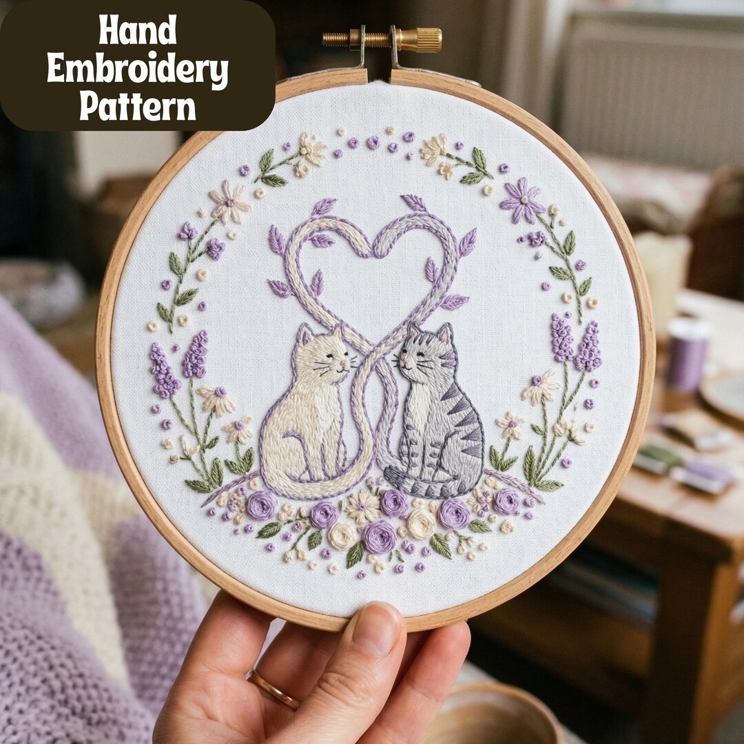 Cat Heart Floral Embroidery Pattern (digital Download) - Etsy
