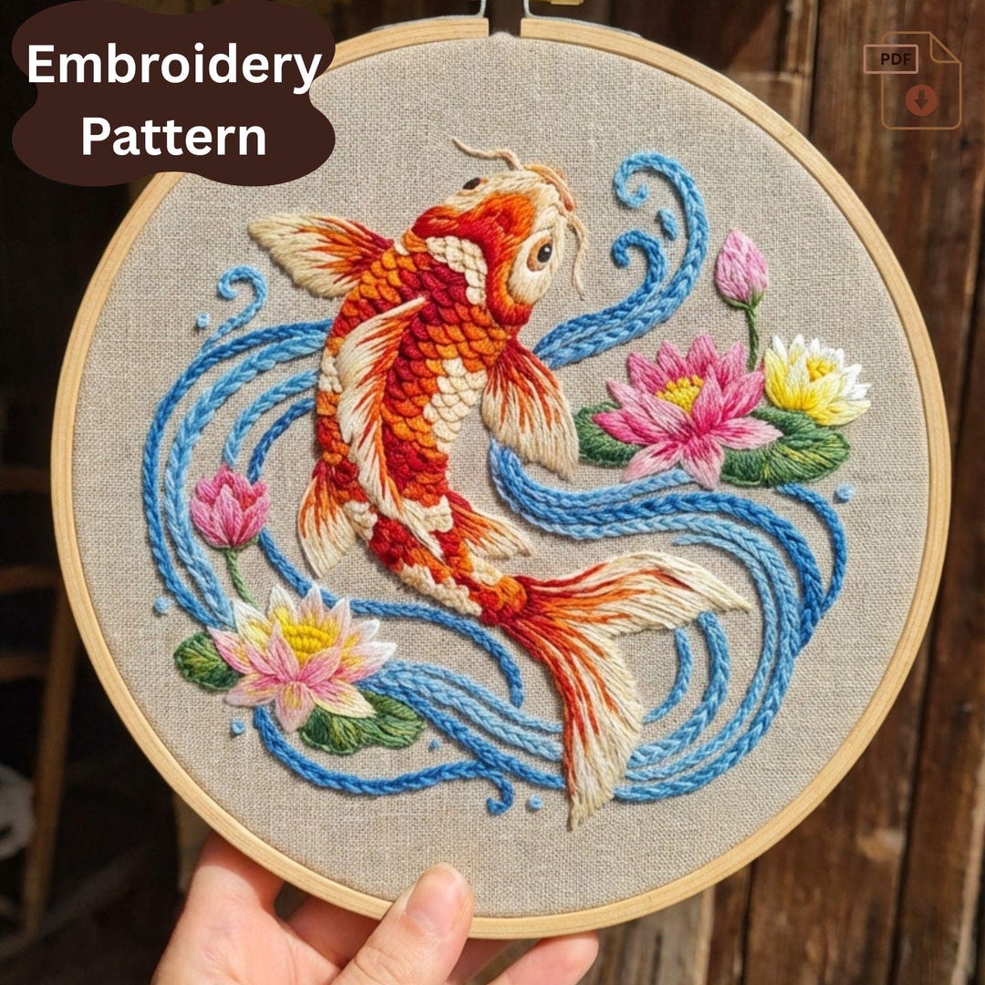 Koi Fish Embroidery Pattern, Lotus Flowers, Nature Hoop Art (digital ...