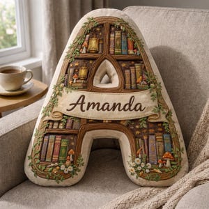 May include: A decorative pillow in the shape of the letter "A" with a library design. The pillow features a banner with the name "Amanda" embroidered on it. The design includes bookshelves, books, mushrooms, and floral accents.