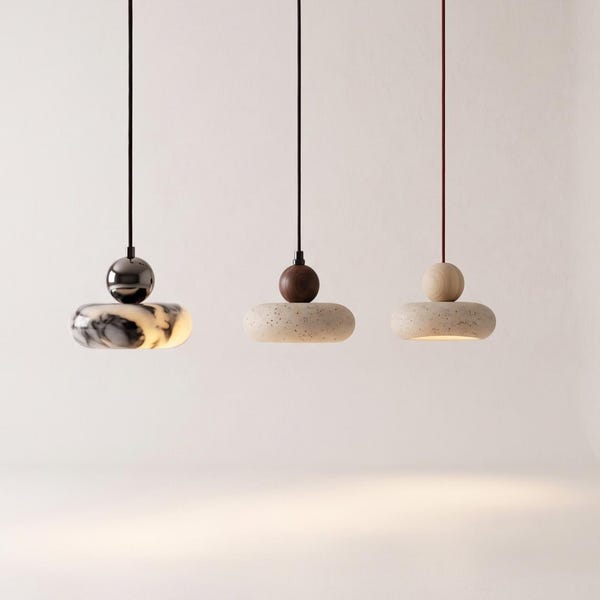Alabaster Marble Pendant Light / Travertine Stone Hanging Lamp, Japandi Wabi Sabi Kitchen Island Light, Walnut Wood Pendant