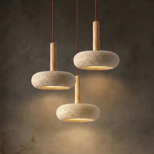 Wabi Sabi Travertinstein LED Pendelleuchte | Naturholz