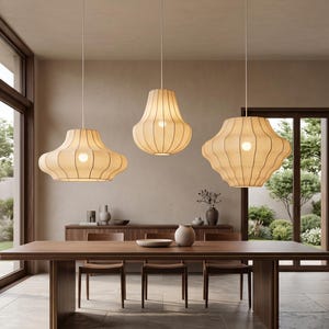 Japanese Wabi Sabi Pendant Light, Handcrafted Silk Chandelier, Japandi Dining Room Ceiling Lamp
