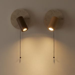 Natural Stone LED Wall Lamp, Walnut Wood Spotlight, Pull Switch Sconce