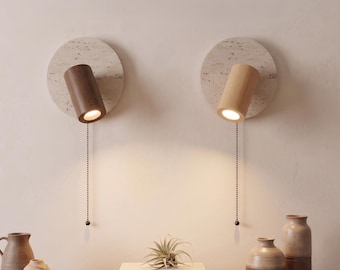 Natural Stone Wall Lamp Adjustable Bedside Reading Light – Walnut Wood LED Wall Sconce with Pull Switch – Japandi Wabi Sabi Wall Lighting