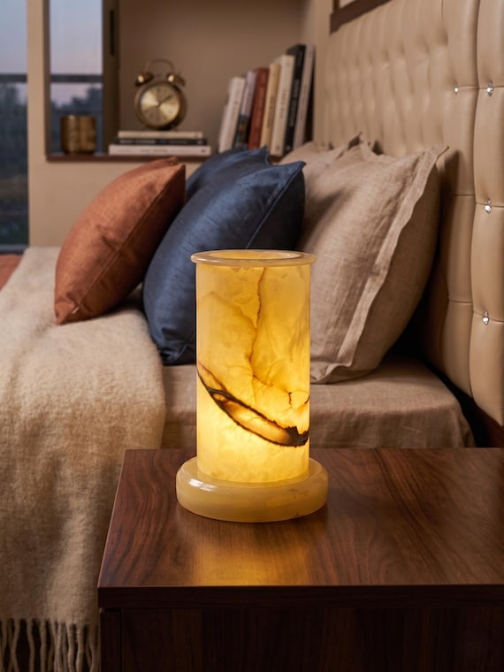 Natural Onyx Stone Table Lamp | Handcrafted Cylinder Bedside Light - 3 Color LED Minimalist Desk Lamp | Luxury Crystal Stone Home Decor