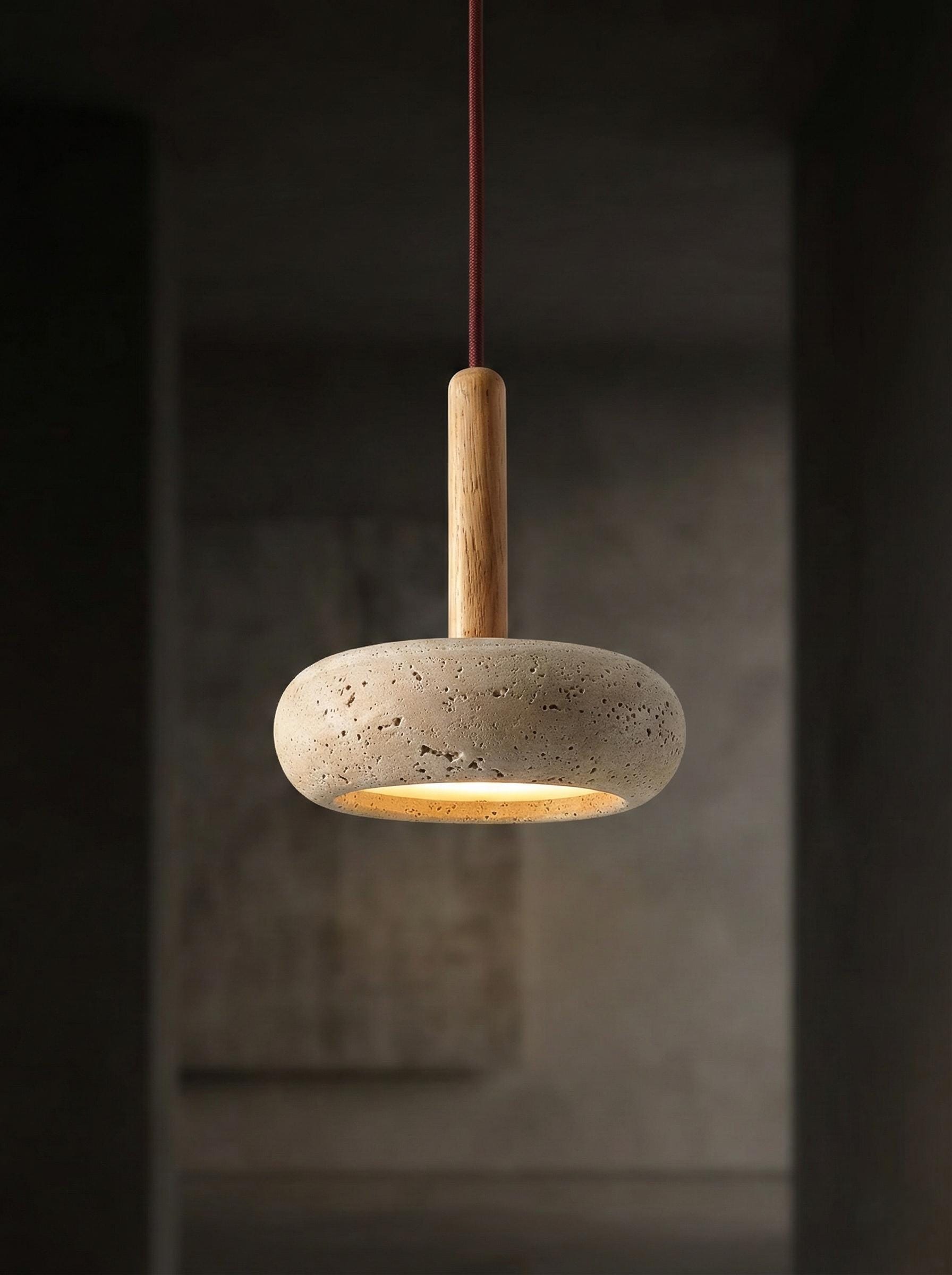 Wabi Sabi Travertine Stone Pendant Light – Minimalist Wood Japandi LED ...