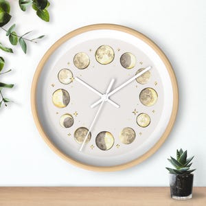 Relógio de parede com fases da lua – branco ou de madeira – decoração mística para casa
