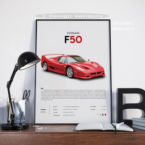 May include: A framed poster featuring a red Ferrari F50 car. The poster includes the car's name, year, and specifications. The text on the poster reads "2 Design Variants" and "Detailed or Minimalist."